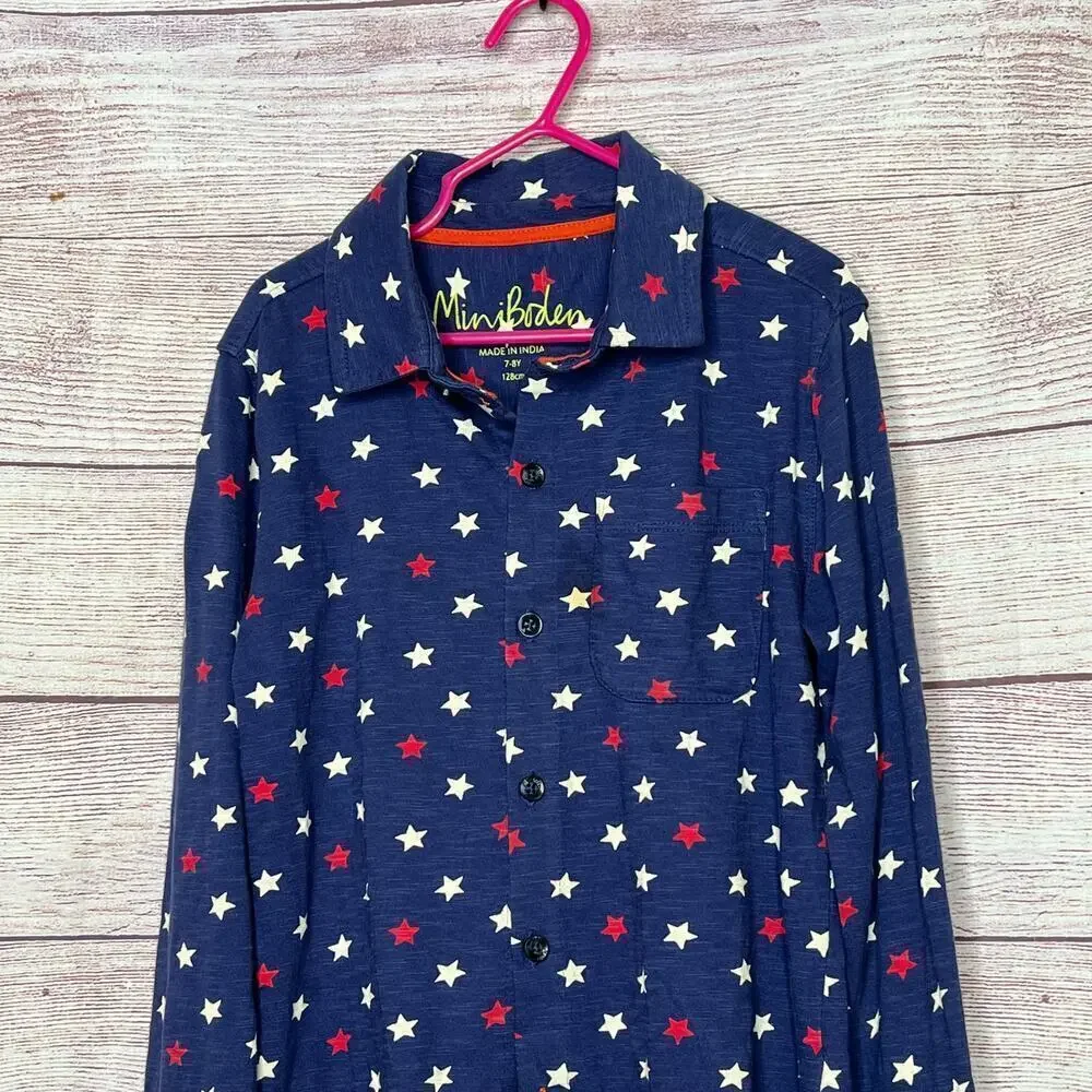 Mini Boden Boys 250th July 4th Blue USA Stars Long Sleeve Top Size 7-8